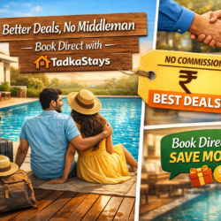 Couple relaxing by a luxury villa pool with travel bags, direct host handshake, and message highlighting better deals with no middleman on Tadkastays