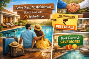 Couple relaxing by a luxury villa pool with travel bags, direct host handshake, and message highlighting better deals with no middleman on Tadkastays